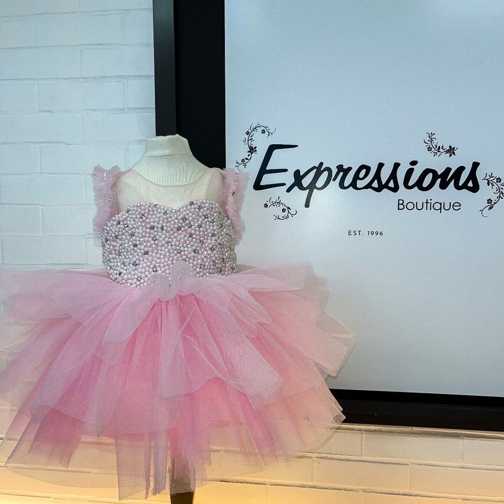 Exclusive! Illusion, Scattered Pearl Tulle Skirt Bow-Back Dress